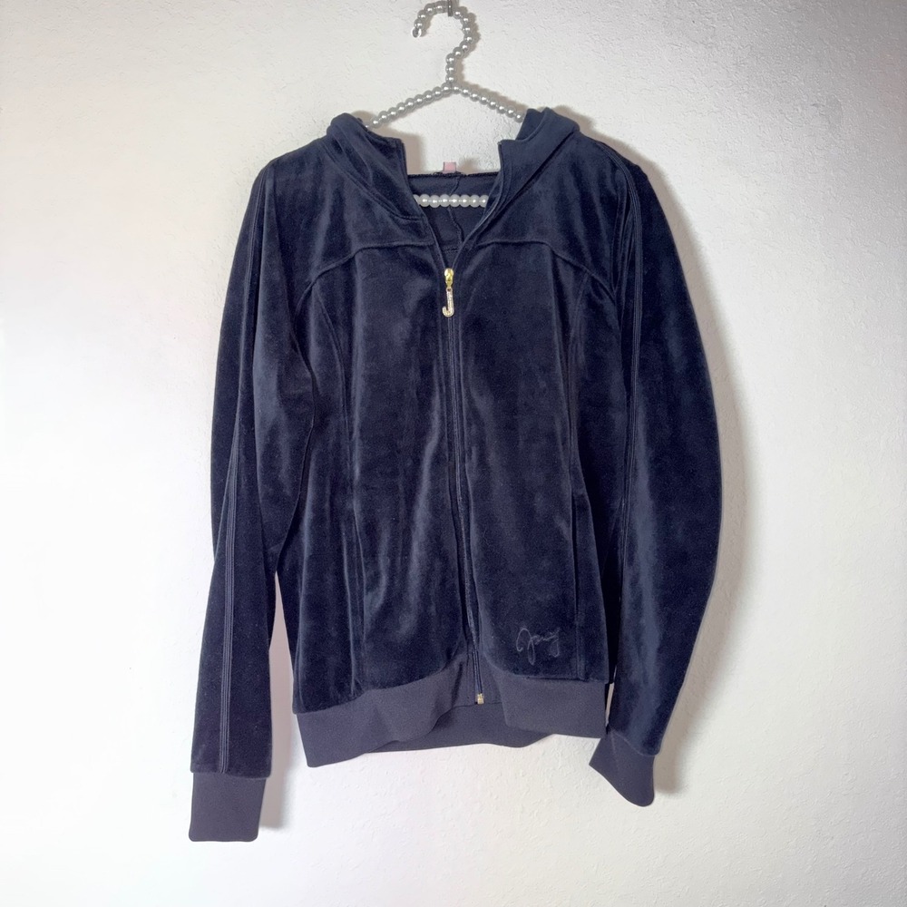 Juicy Couture Velour Hoodie Large black Excellent Rhinestone J-Pull Zip Jacket